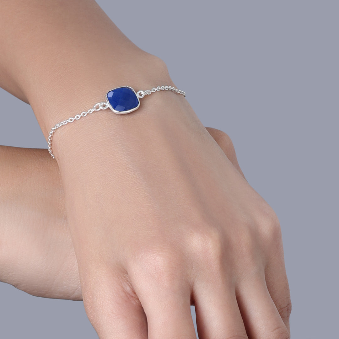 Pure 925 Sterling Silver Square Blue Stone Studded Chain Bracelet - Tweov Jewels