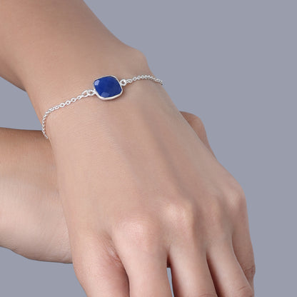 Pure 925 Sterling Silver Square Blue Stone Studded Chain Bracelet - Tweov Jewels