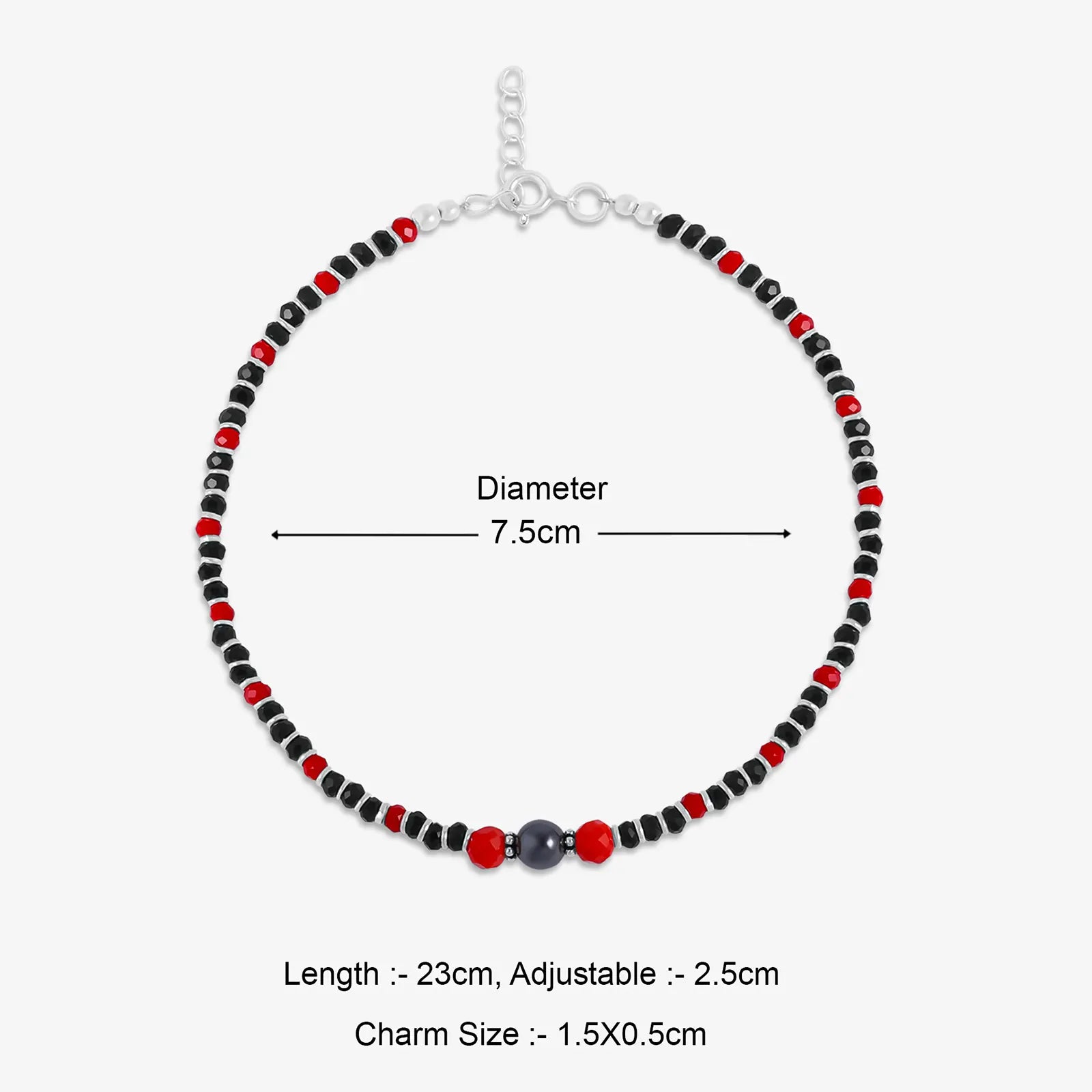Ruby & Black Beads Silver Anklets