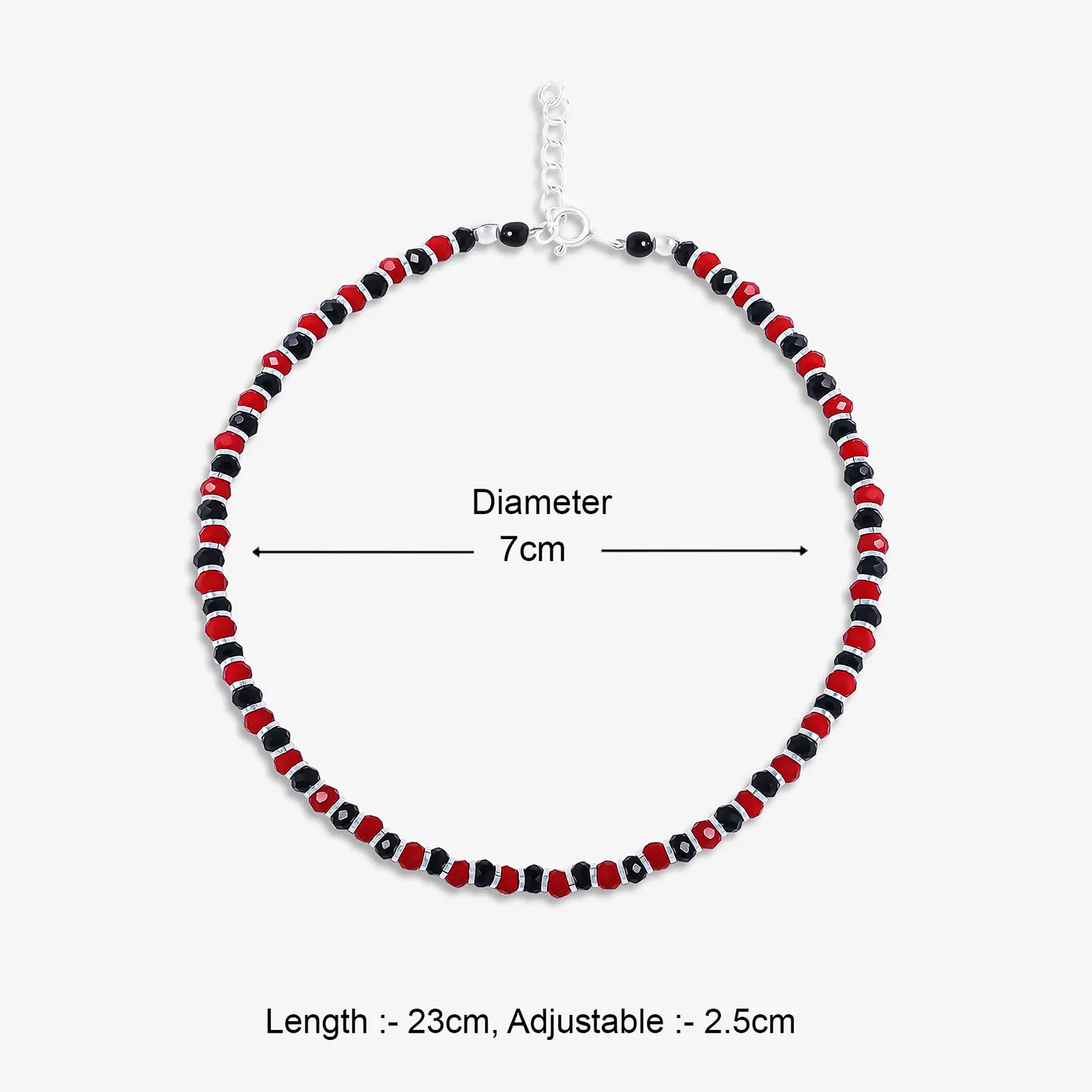 Red & Black Beads Silver Anklet