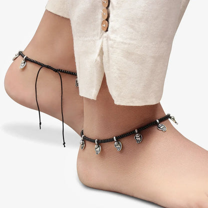 Mango Design Silver Black Thread Anklet