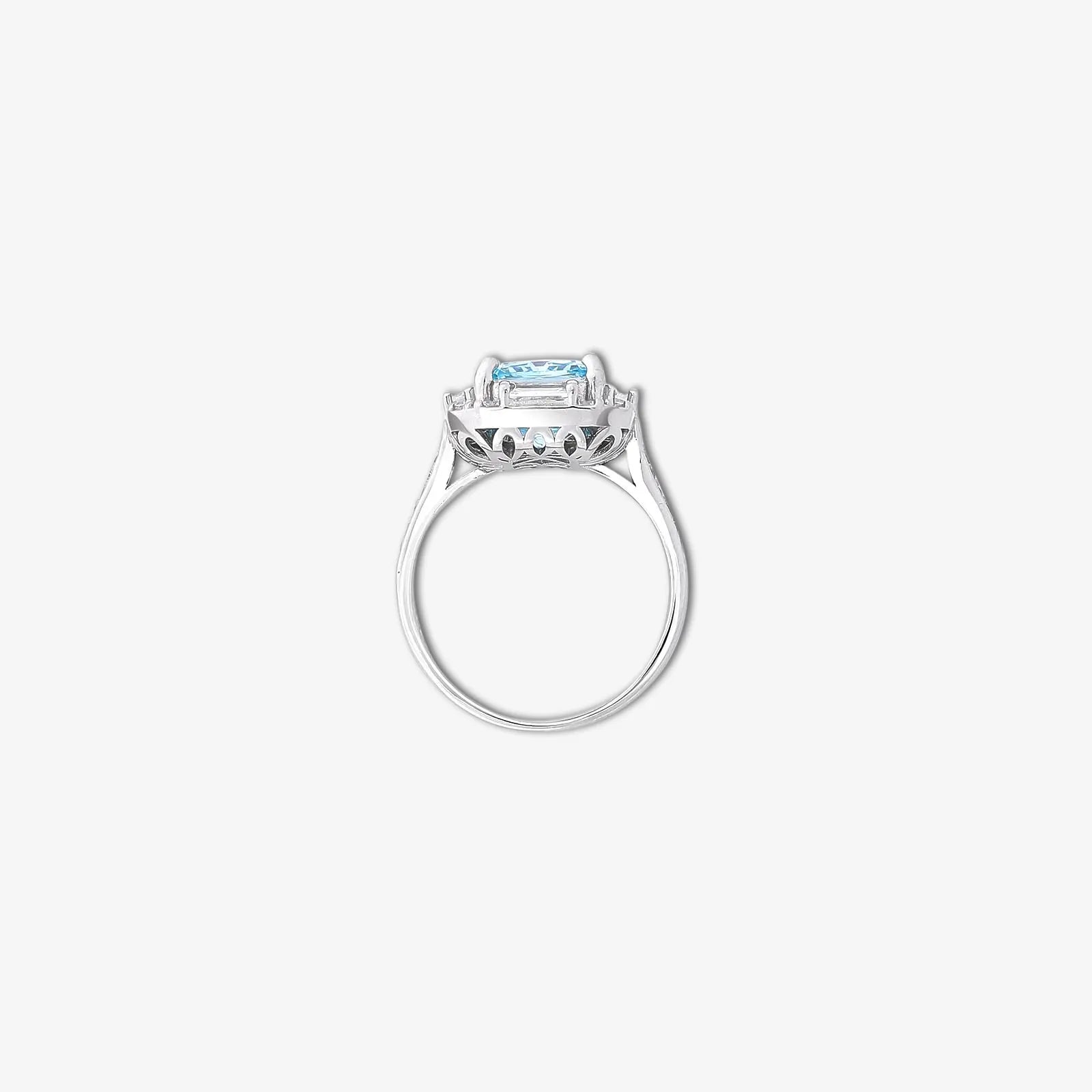 Sky Blue Emerald Cut Diamond Studded Silver Ring - Tweov Jewels