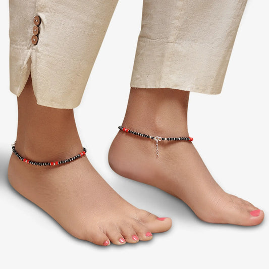 Beaded Red & Black Silver Anklet