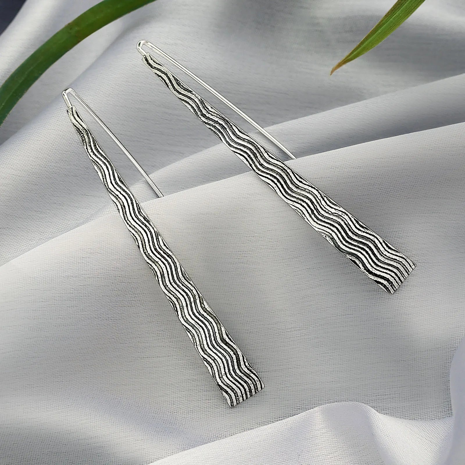 Oxidized Silver Long Bar Dangle Earrings for Women