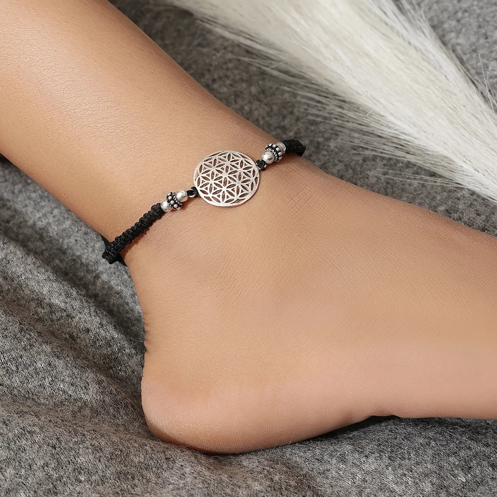 Silver Mandala Black Thread Anklet