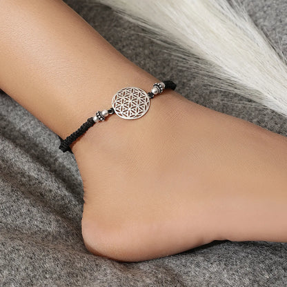 Silver Mandala Black Thread Anklet