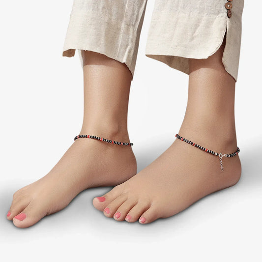 Trendy Red & Black Beads Silver Anklet