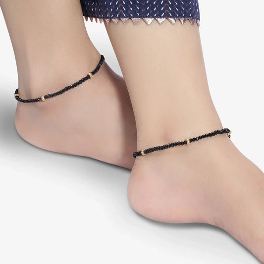 Golden & Black Beads Silver Anklet