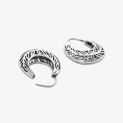 Pure 925 Silver Earrings - Leaf-Carved Hoops With Grace
