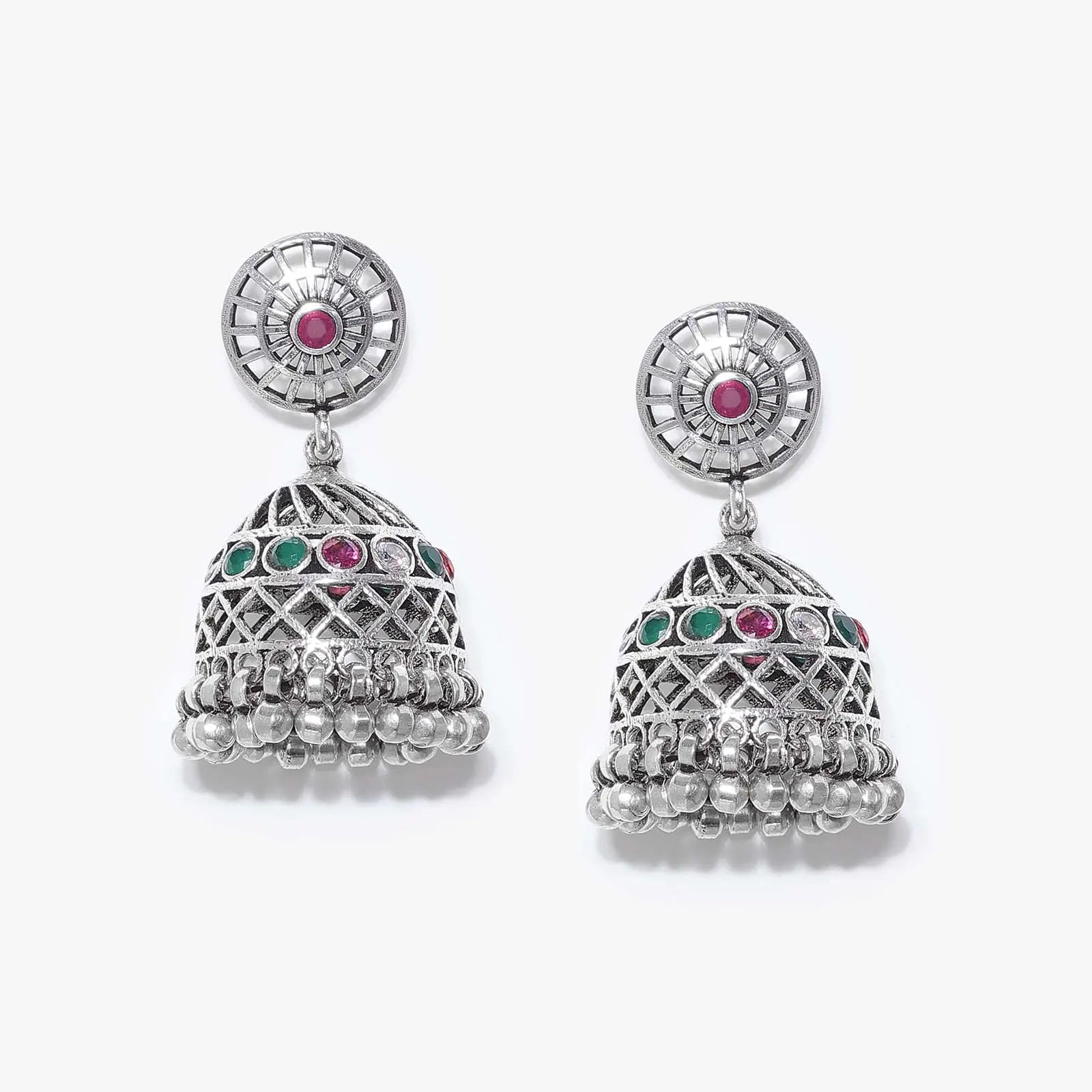Pink & Green Stone Silver Jhumka Earrings