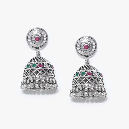 Pink & Green Stone Silver Jhumka Earrings