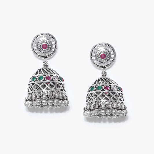 Pink & Green Stone Silver Jhumka Earrings