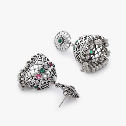 Pink & Green Stone Silver Jhumka Earrings