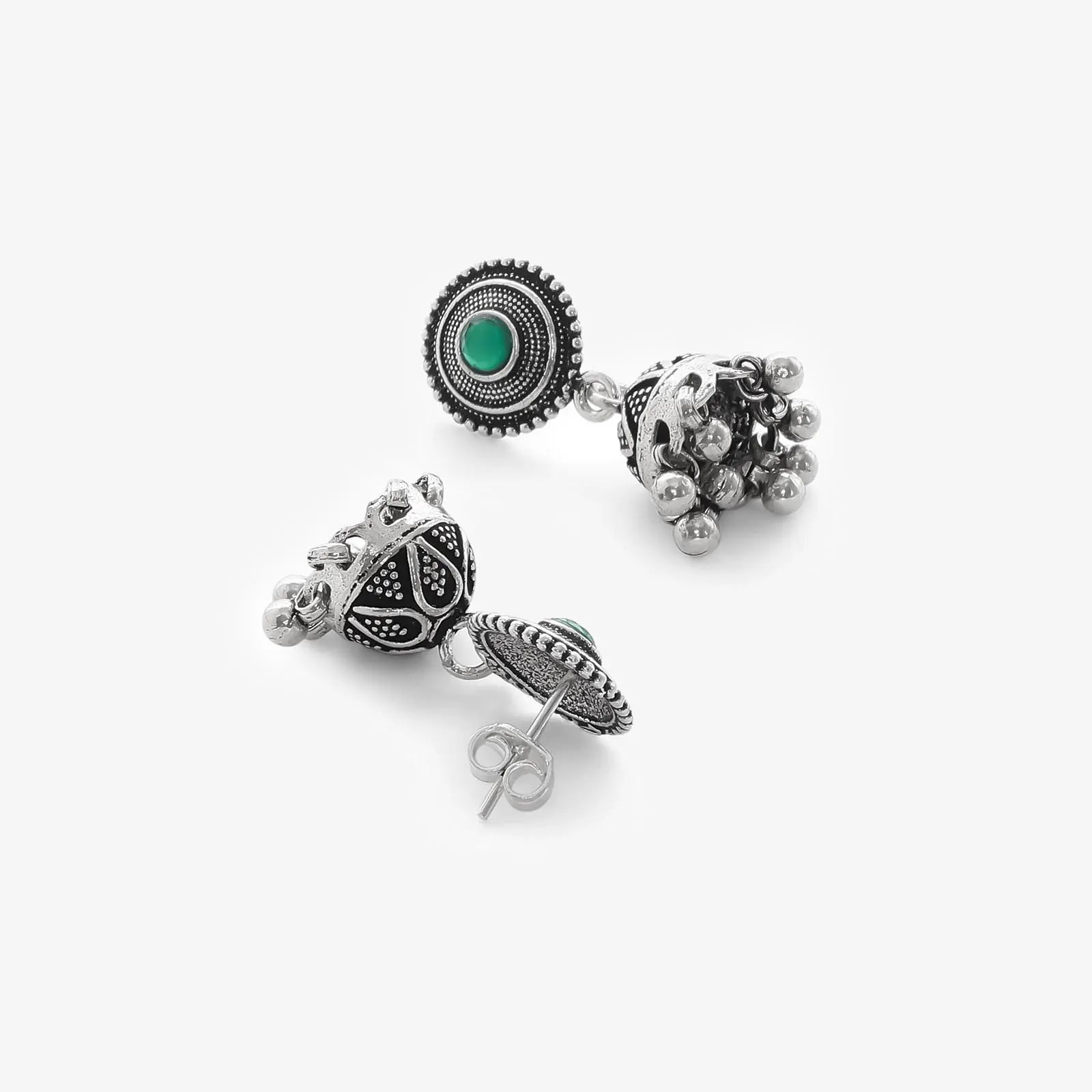 Silver Green Stone Studded Oxidised Jhumka Earrings - Tweov Jewels