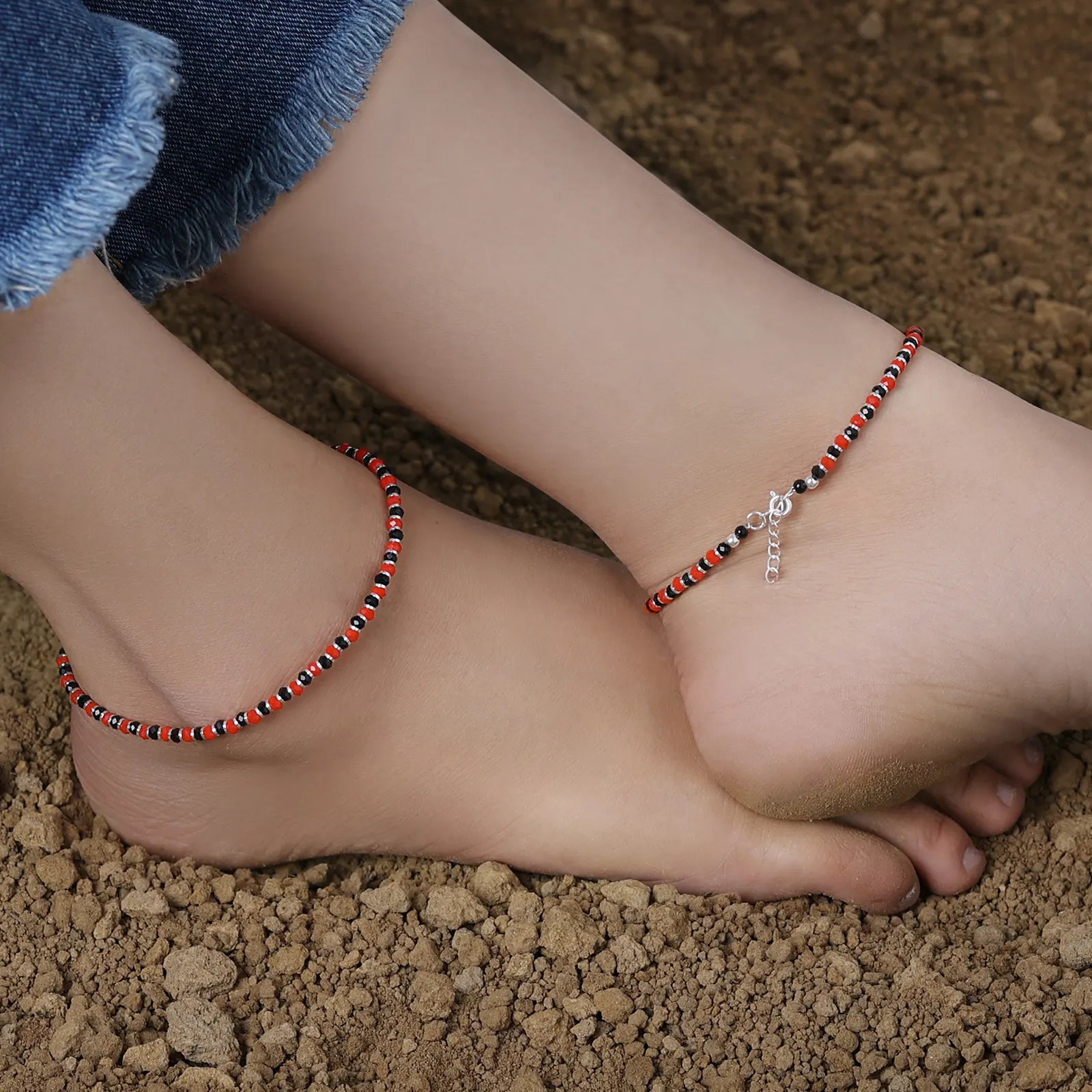 Red & Black Beads Silver Anklet