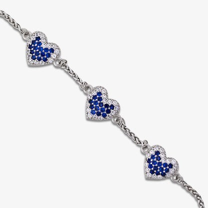 925 Sterling Silver White and Blue Zirconia Heart Chain Bracelet