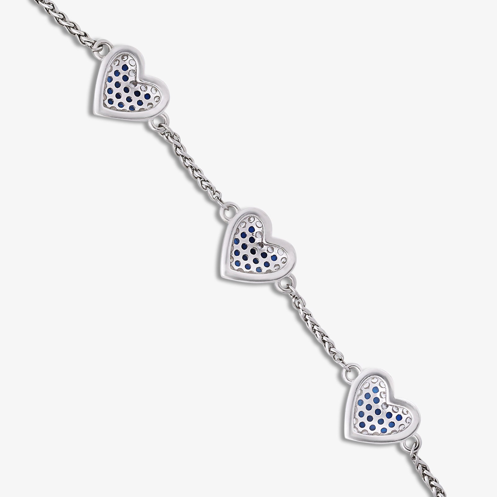 925 Sterling Silver White and Blue Zirconia Heart Chain Bracelet