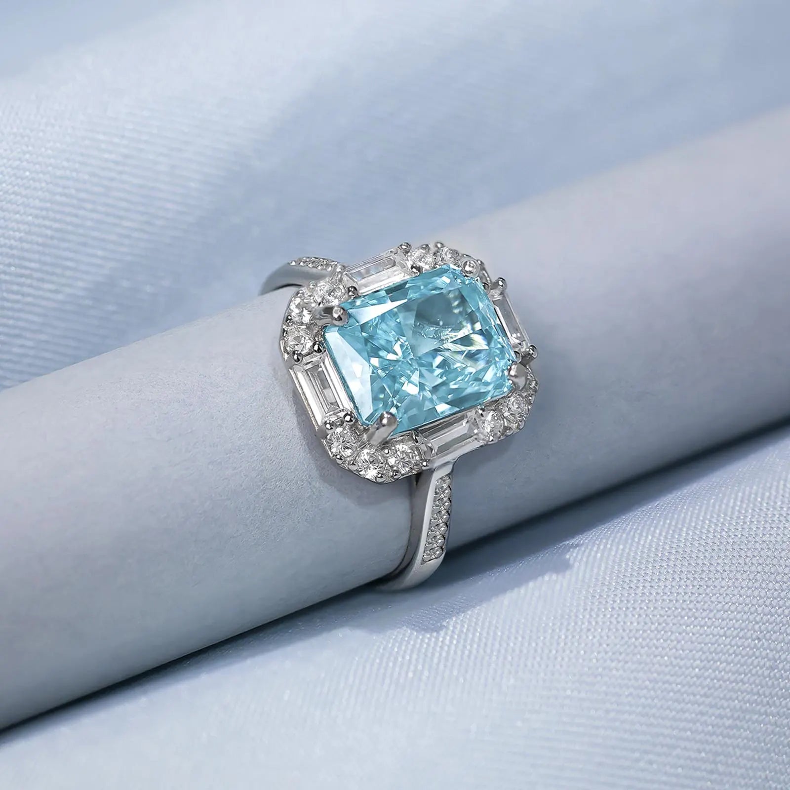 Sky Blue Emerald Cut Diamond Studded Silver Ring - Tweov Jewels