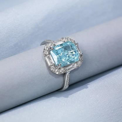 Sky Blue Emerald Cut Diamond Studded Silver Ring - Tweov Jewels