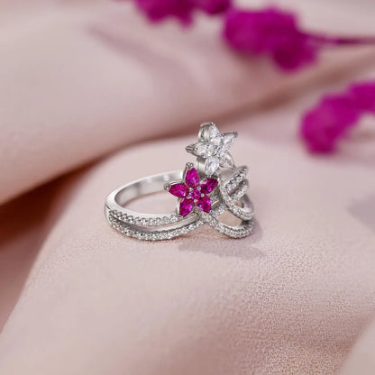 Silver Ruby & White CZ Floral Ring - Tweov Jewels