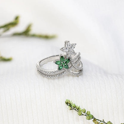 Silver Green & White CZ Floral Ring for Women - Tweov Jewels