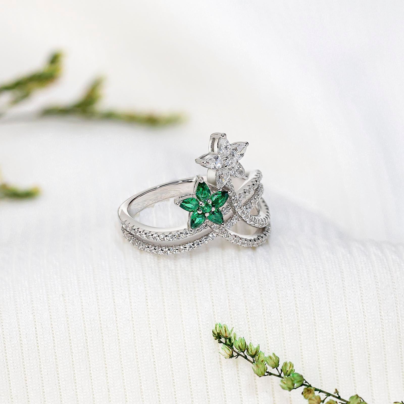 925 Silver Green & White CZ Floral Ring for Women