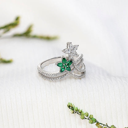 925 Silver Green & White CZ Floral Ring for Women