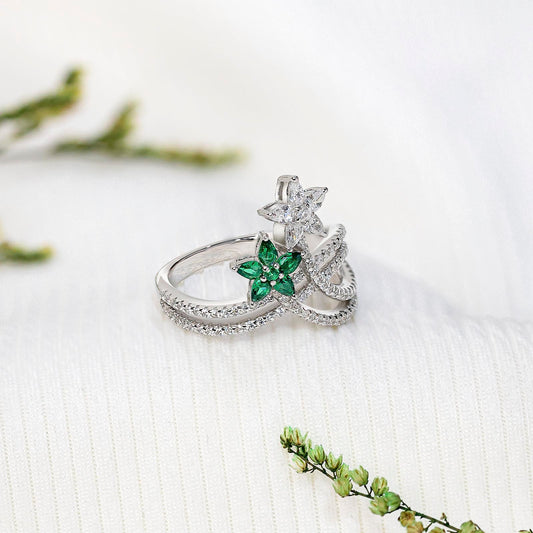 925 Silver Green & White CZ Floral Ring for Women