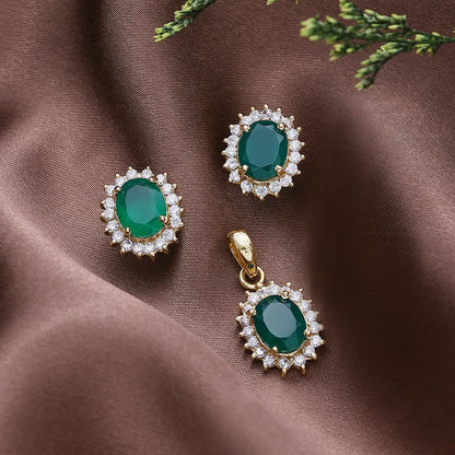 Pure Silver Emerald Green Pendant & Earrings Set