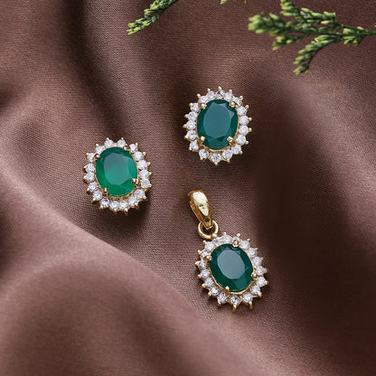 Pure Silver Jewellery Sets - Royal Emerald Earrings With CZ Pendant Set - Tweov Jewels