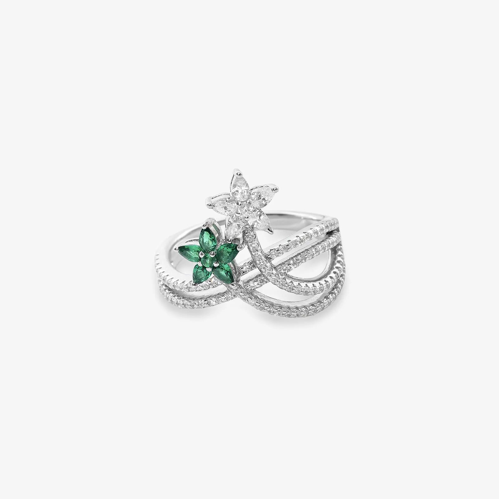Silver Green & White CZ Floral Ring for Women - Tweov Jewels