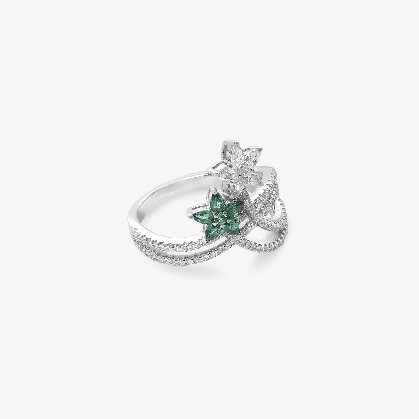 Silver Green & White CZ Floral Ring for Women - Tweov Jewels