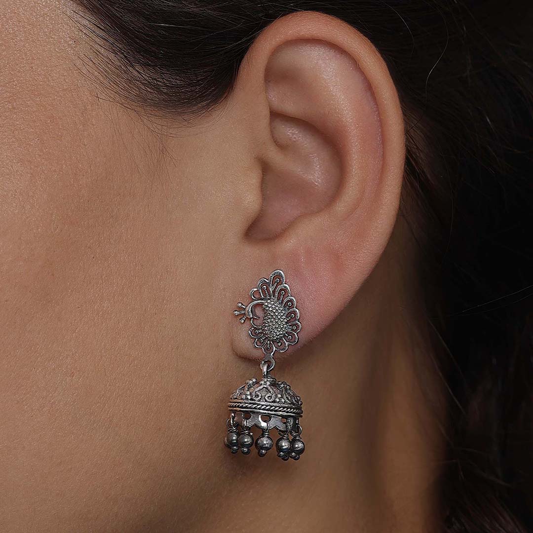 Silver bollywood jhumka earrings - Oxidised Peacock Engraved Jhumka