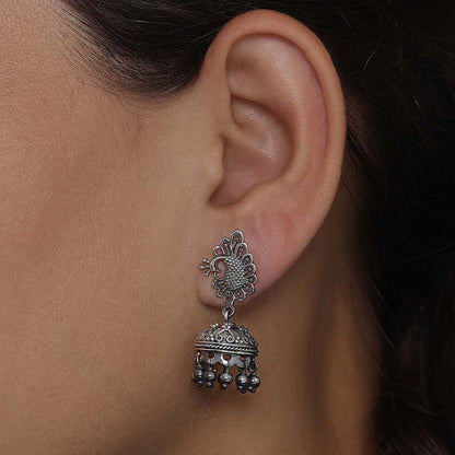 Silver bollywood jhumka earrings - Oxidised Peacock Engraved Jhumka