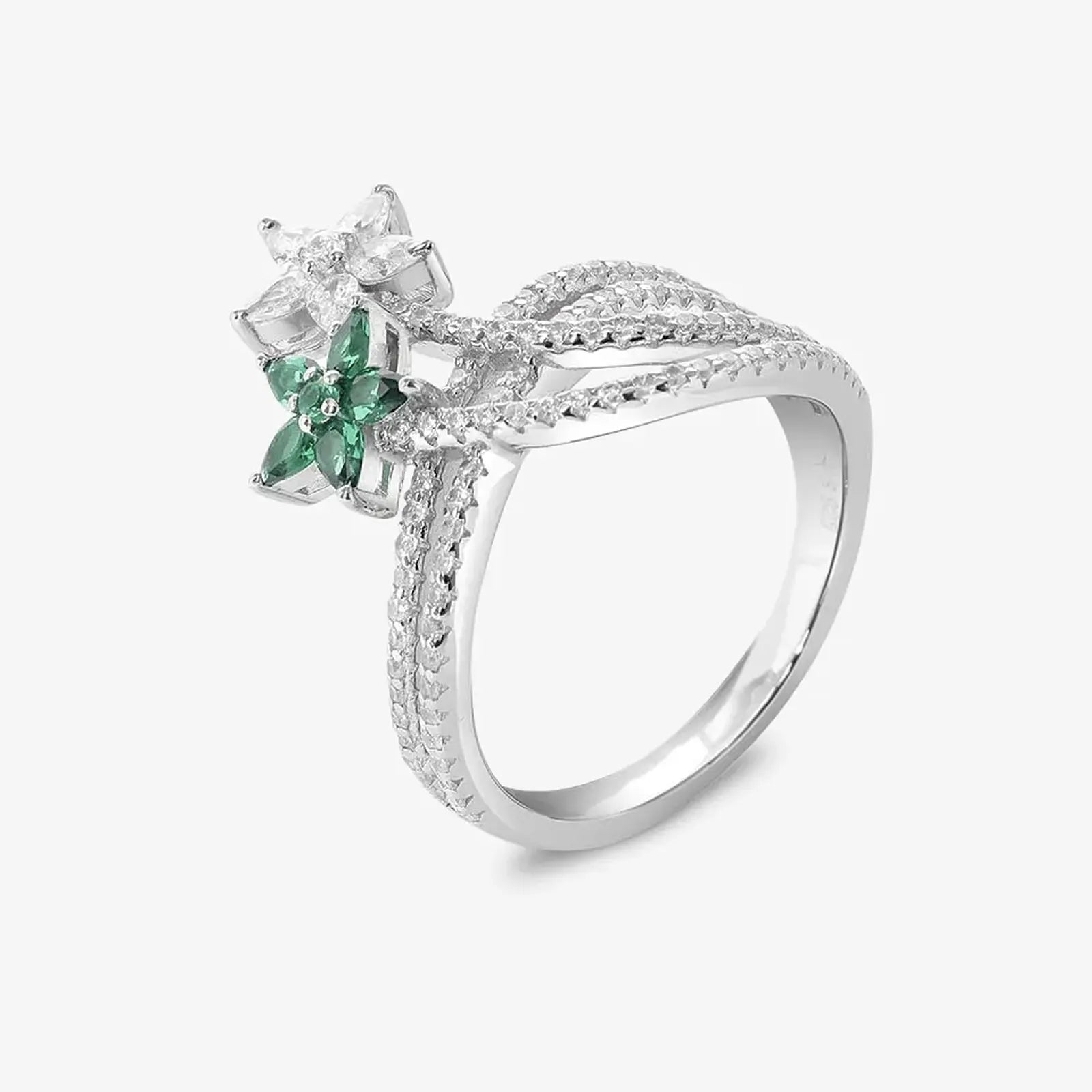 Silver Green & White CZ Floral Ring for Women - Tweov Jewels