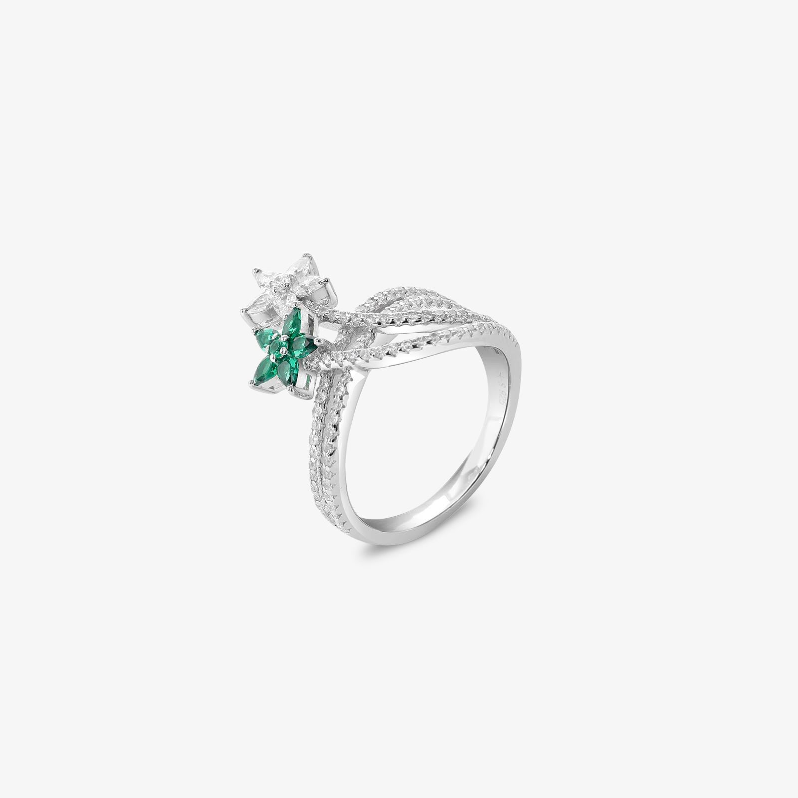 925 Silver Green & White CZ Floral Ring for Women
