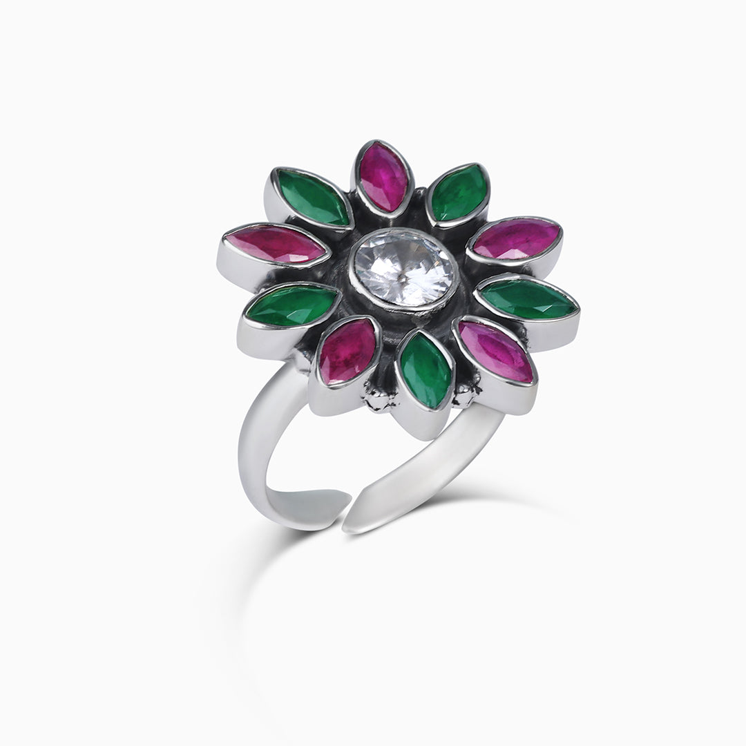 Pure Silver Ring - Moissanite & Ruby Stoned Blossom - Tweov Jewels