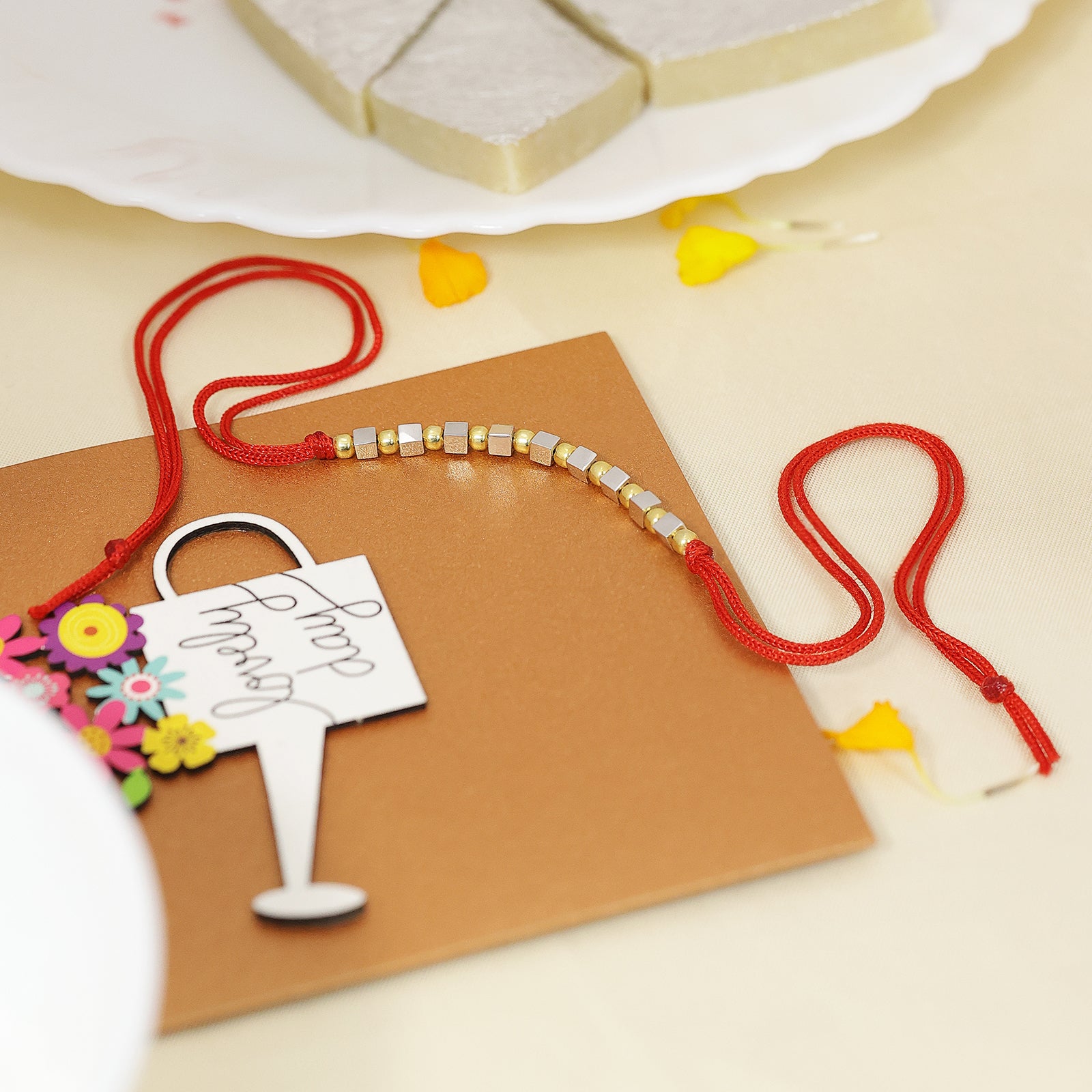 Simple Box Beads Silver Rakhi for Brother
