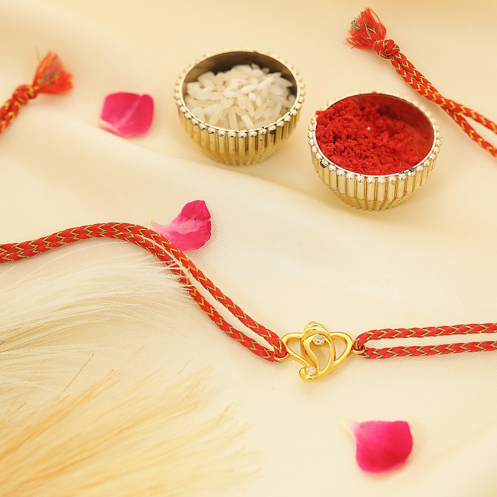 Golden Ganesha Red Thread Silver Rakhi for Brother - Tweov Jewels