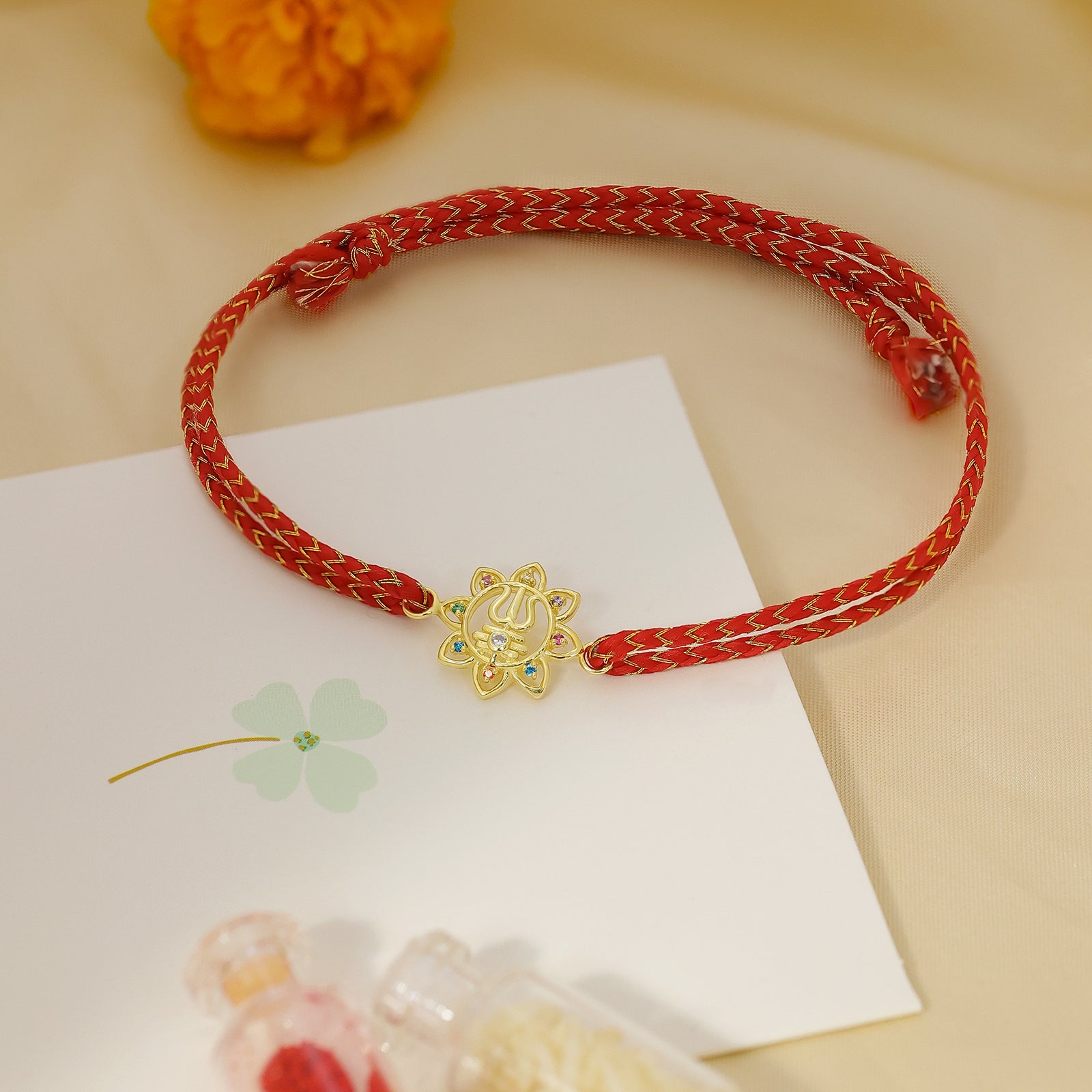 Golden Multicolor Trishul Floral Silver Rakhi for Brother - Tweov Jewels
