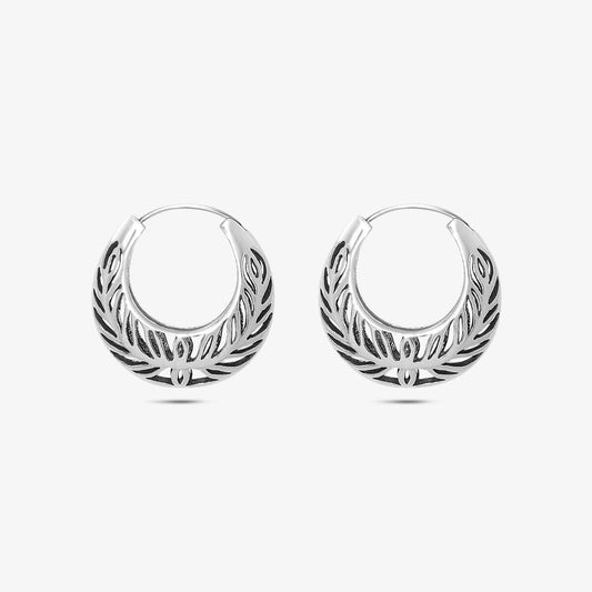 Pure 925 Silver Earrings - Leaf-Carved Hoops With Grace