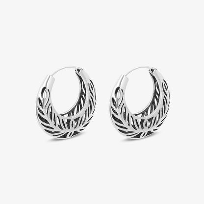 Pure 925 Silver Earrings - Leaf-Carved Hoops With Grace