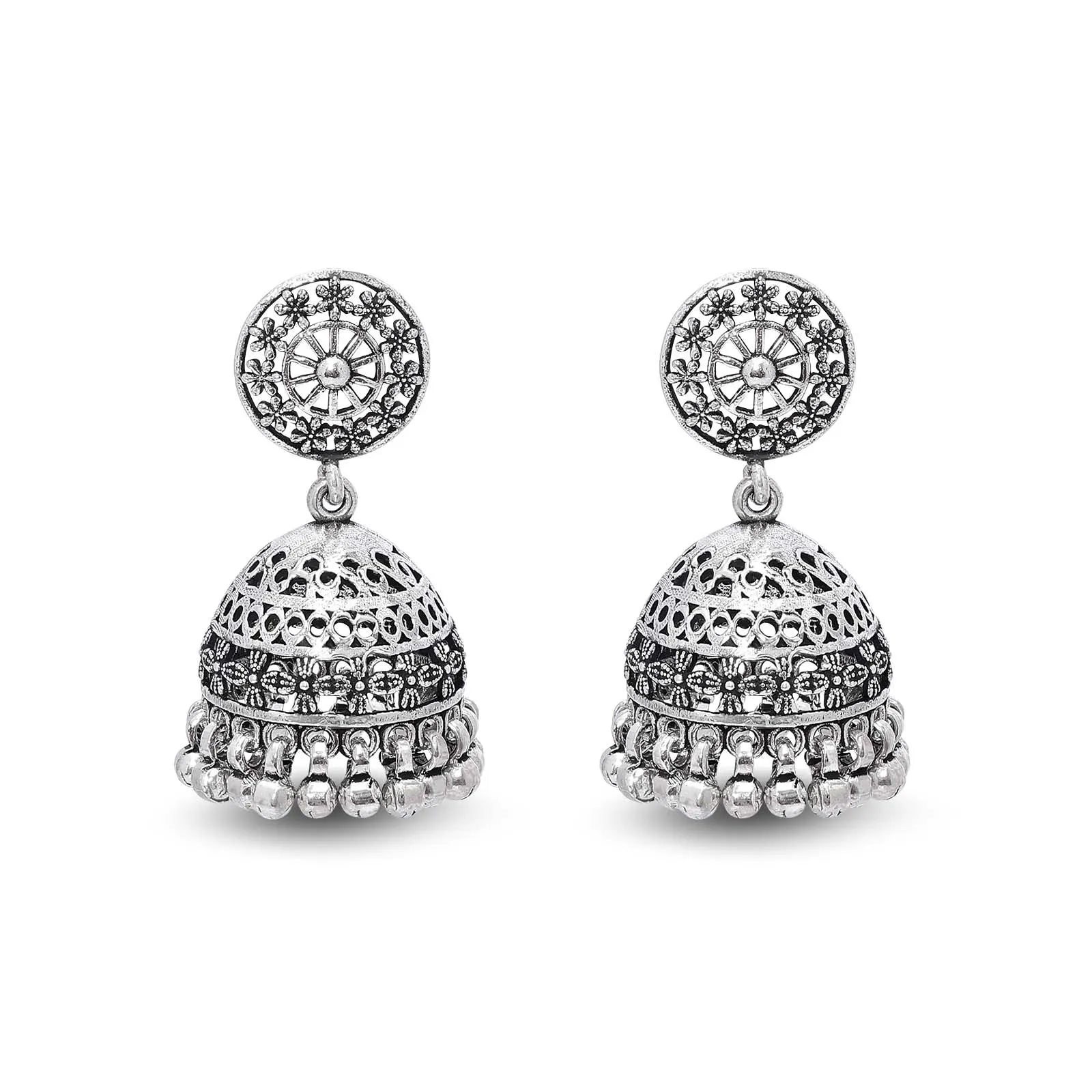 Floral Silver Jhumka Earrings