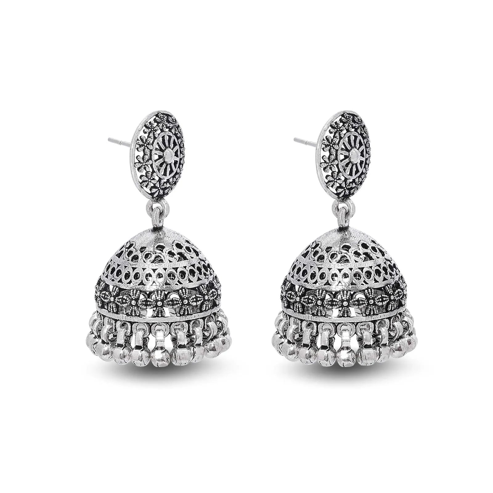 Floral Silver Jhumka Earrings
