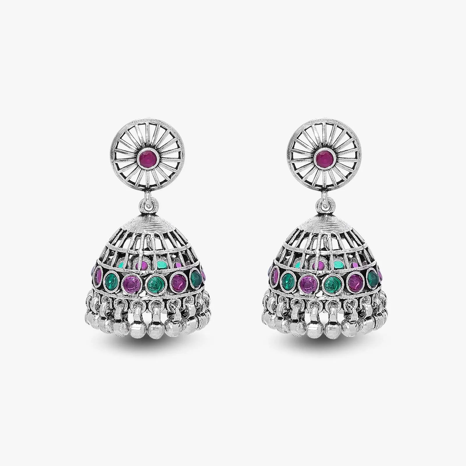 Pink & Green Stone Silver Jhumka Earrings