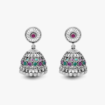 Pink & Green Stone Silver Jhumka Earrings