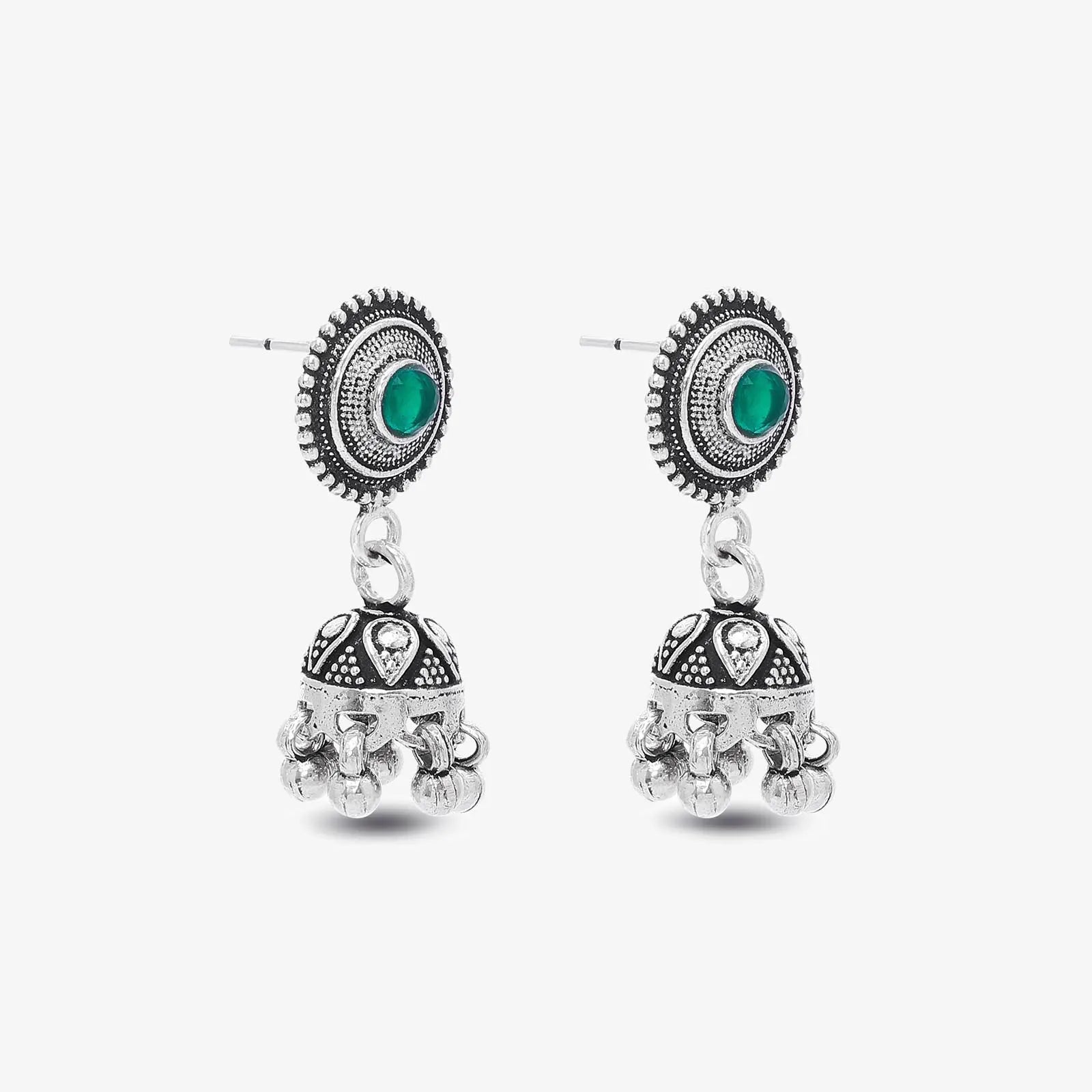 Silver Green Stone Studded Oxidised Jhumka Earrings - Tweov Jewels