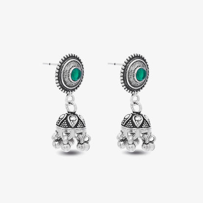 Silver Green Stone Studded Oxidised Jhumka Earrings - Tweov Jewels