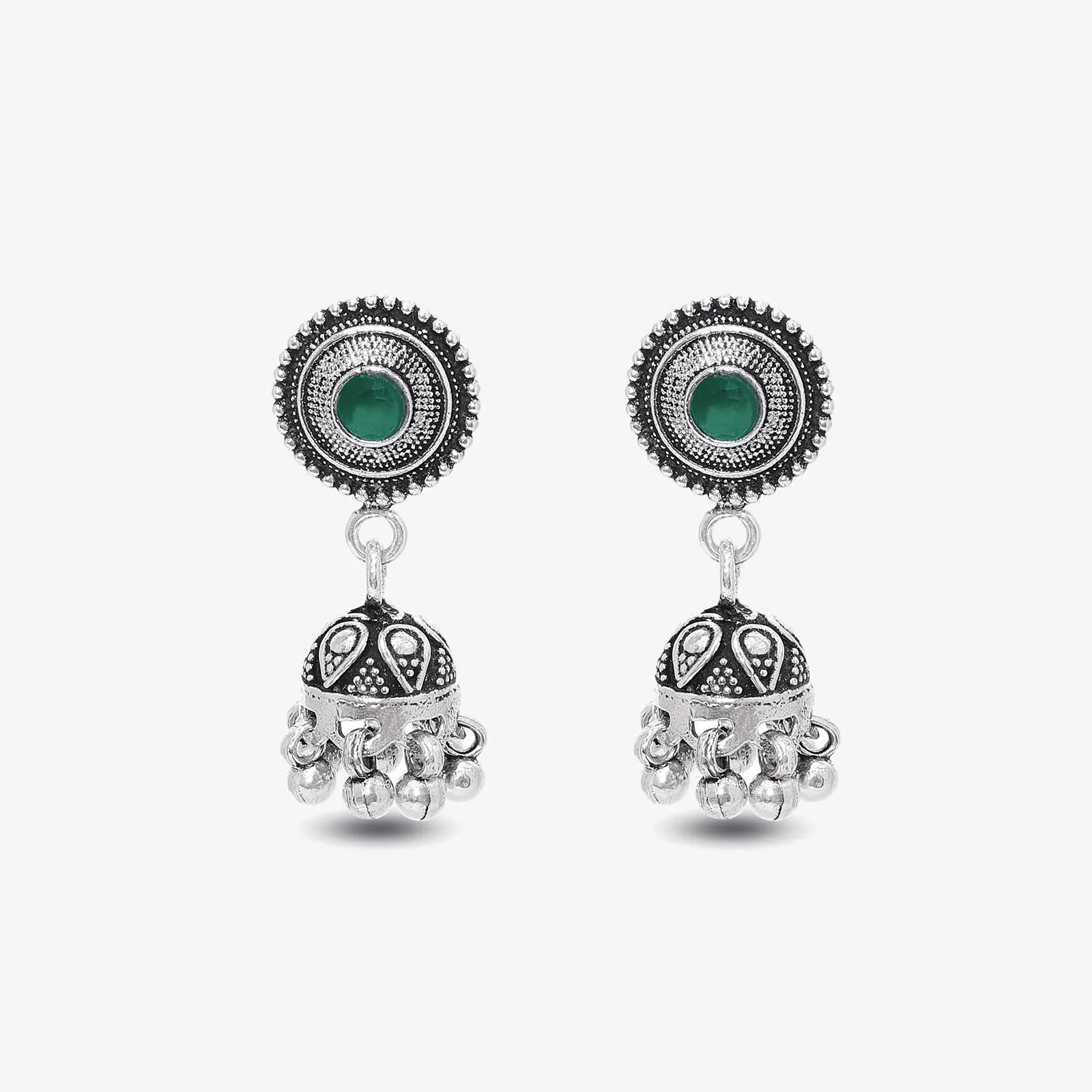 Silver Green Stone Studded Oxidised Jhumka Earrings - Tweov Jewels