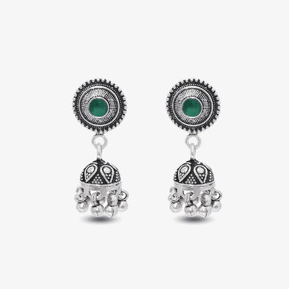 Silver Green Stone Studded Oxidised Jhumka Earrings - Tweov Jewels